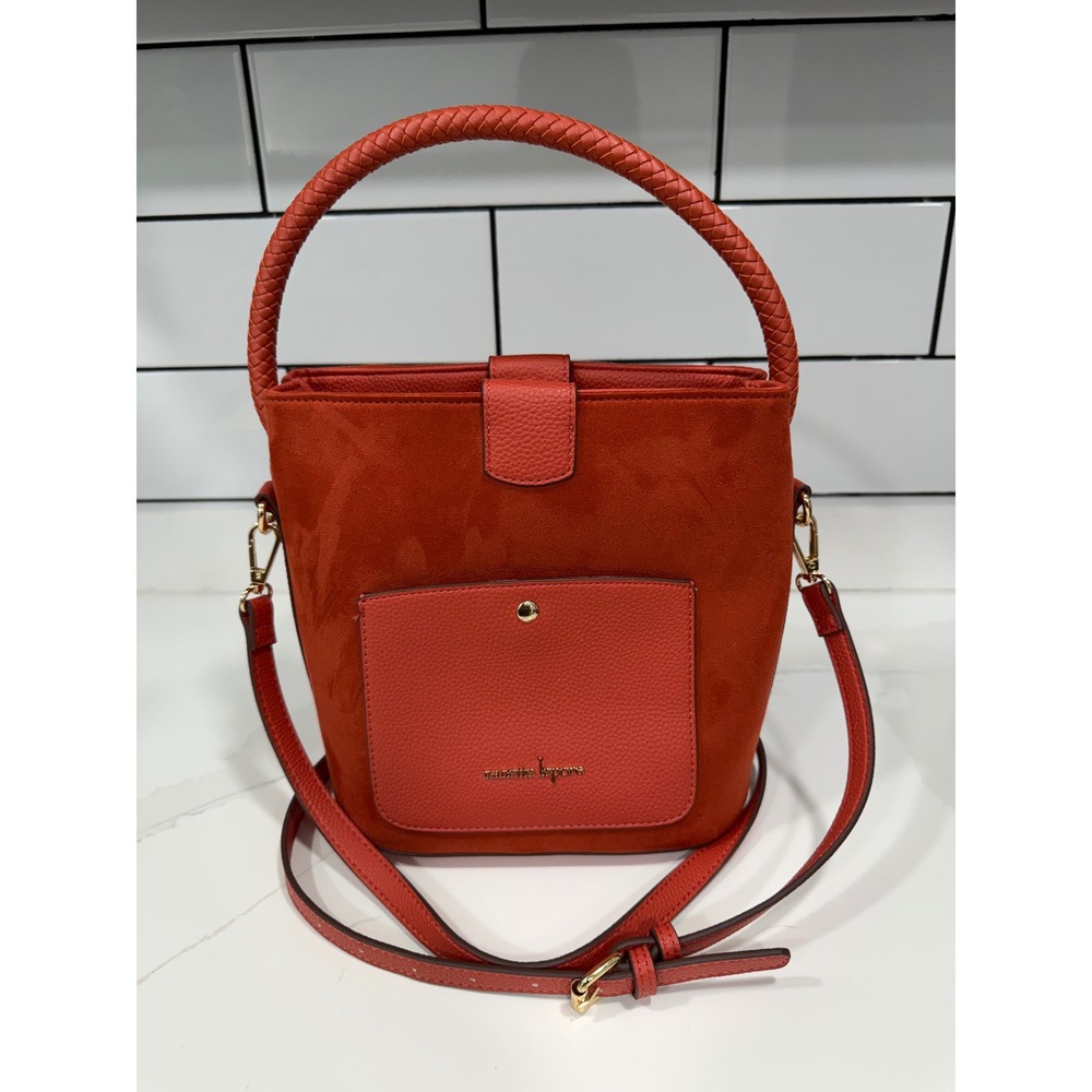 Nanette Lepore Orange Red Faux Suede Bucket Bag Braided Handle Crossbody Satchel